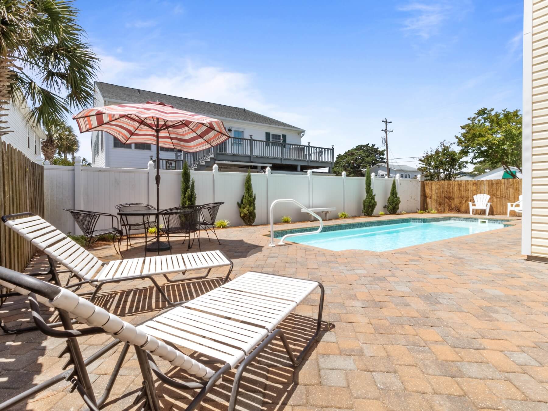 private pool and outdoor patio set at the cotton patch home in north myrtle beach