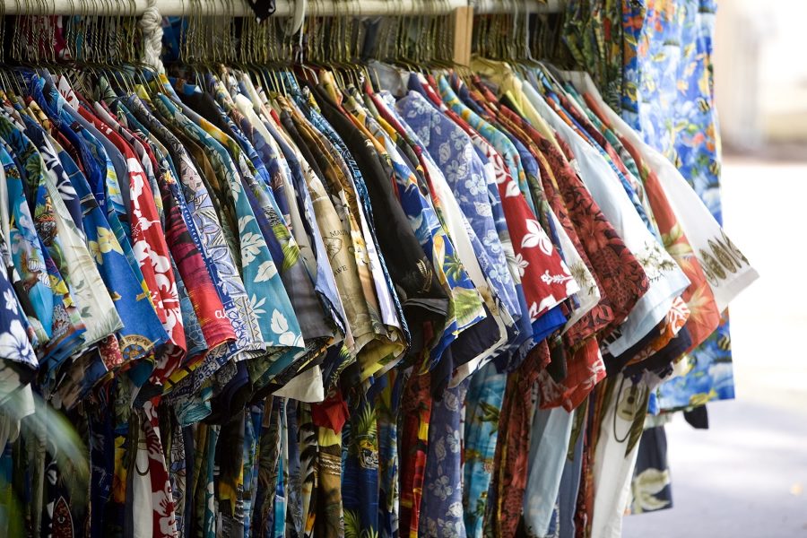 Tourist shop displaying rack of Hawaiian shirts