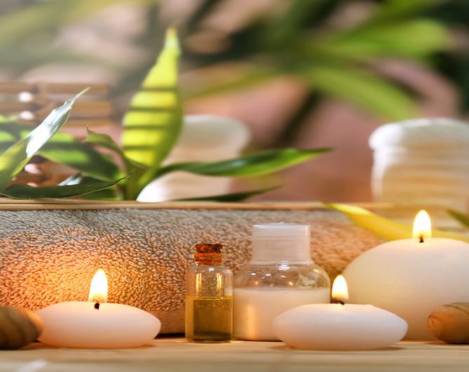 Beautiful spa composition on bamboo mat