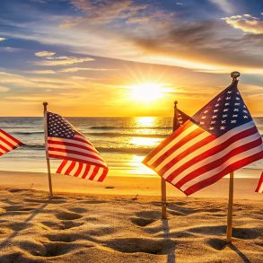 Relaxing Memorial Day at the Beach with American Flags, Sun, San