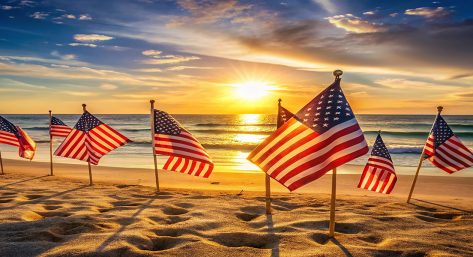 Relaxing Memorial Day at the Beach with American Flags, Sun, San