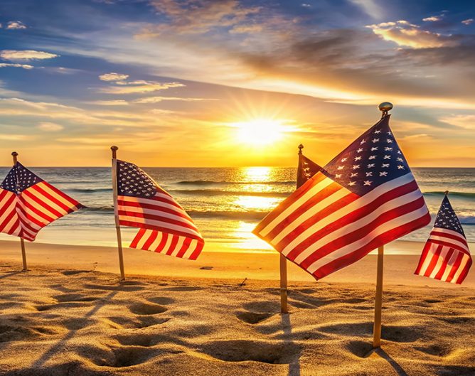 Relaxing Memorial Day at the Beach with American Flags, Sun, San
