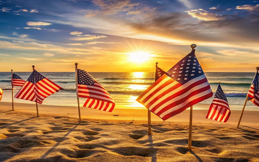 Relaxing Memorial Day at the Beach with American Flags, Sun, San