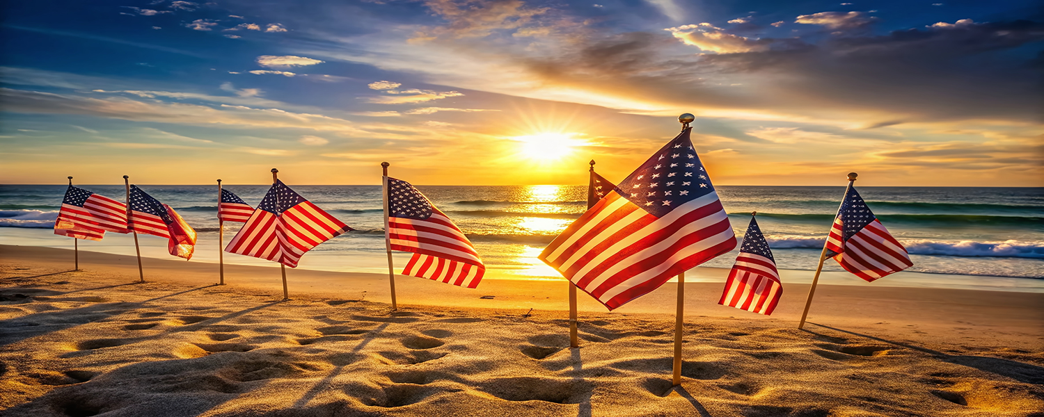Relaxing Memorial Day at the Beach with American Flags, Sun, San