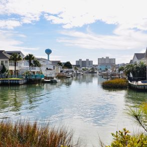 Waterfront homes with balconies and docks. Beautiful winter view in North Myrtle Beach, South Carolina, an attractive place for retirement.