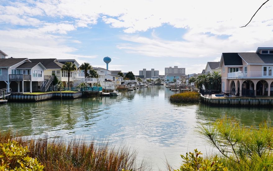Waterfront homes with balconies and docks. Beautiful winter view in North Myrtle Beach, South Carolina, an attractive place for retirement.